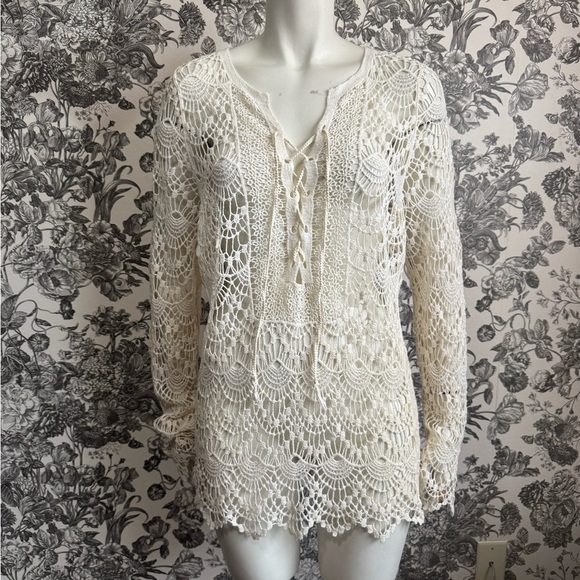 Fashion Nova Ivory Cotton Crochet Lace Top Swim Coverup Women’s Small Medium - Picture 8 of 13